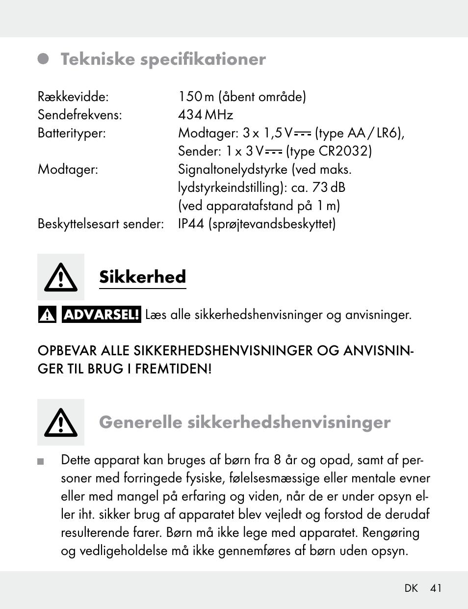Tekniske specifikationer, Sikkerhed, Generelle sikkerhedshenvisninger | Silvercrest 104412-14-01/104412-14-02 User Manual | Page 41 / 97