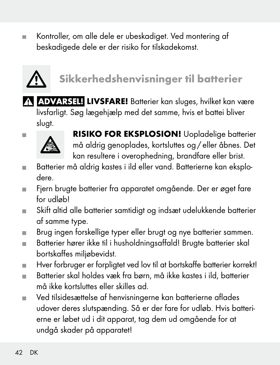 Sikkerhedshenvisninger til batterier | Silvercrest 104412-14-01/104412-14-02 User Manual | Page 42 / 97