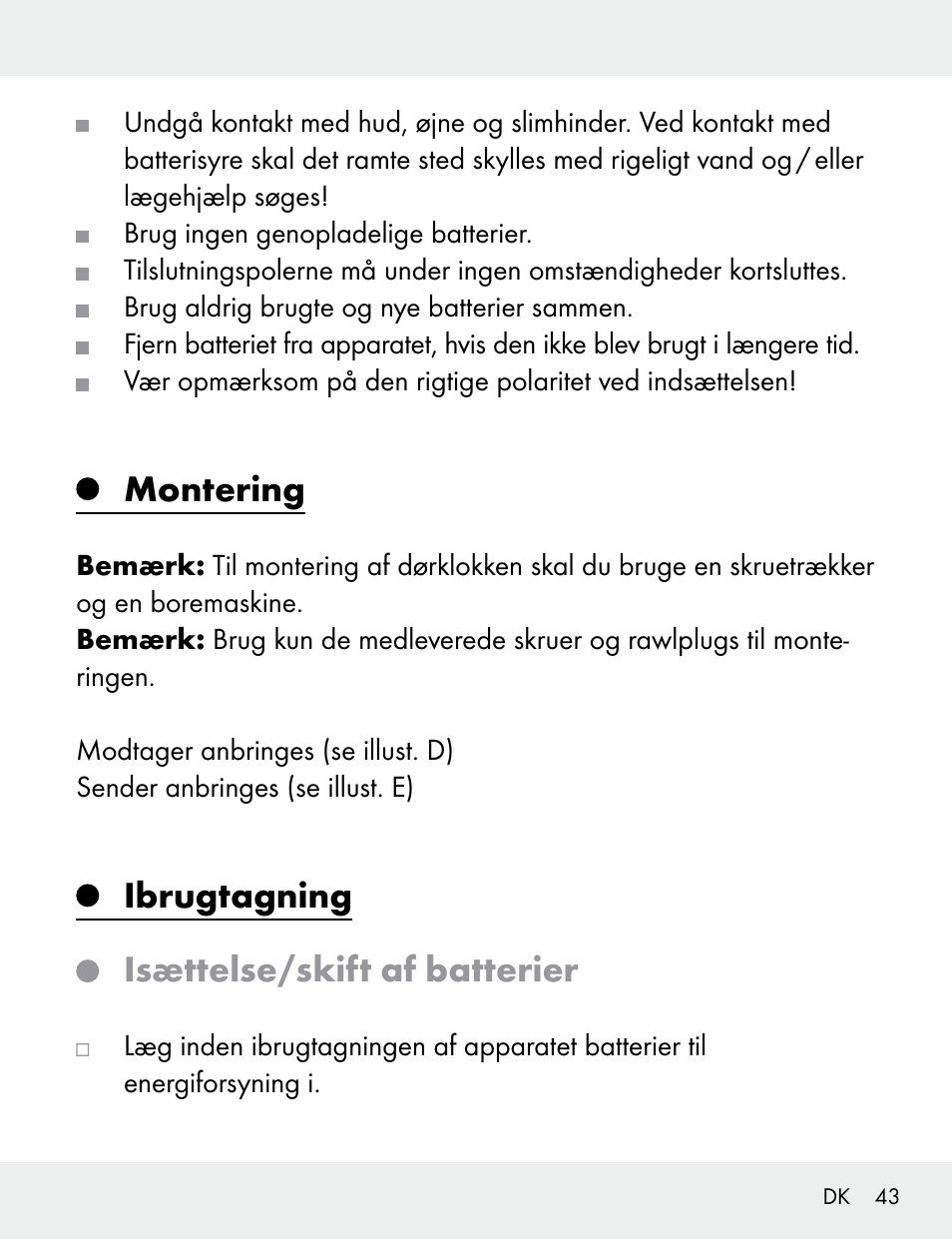 Montering, Ibrugtagning isættelse/skift af batterier | Silvercrest 104412-14-01/104412-14-02 User Manual | Page 43 / 97