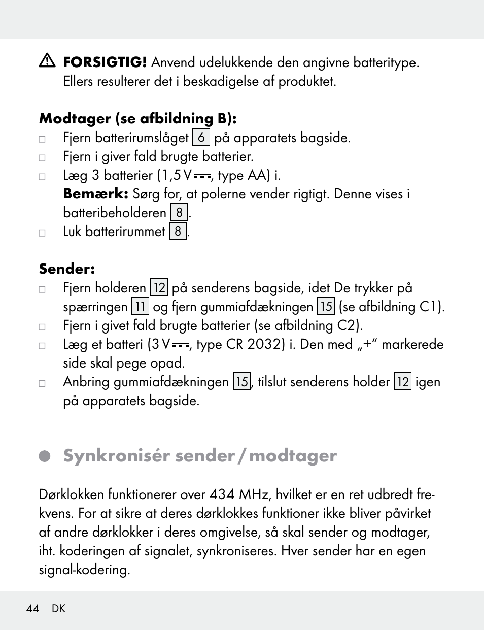 Synkronisér sender / modtager | Silvercrest 104412-14-01/104412-14-02 User Manual | Page 44 / 97