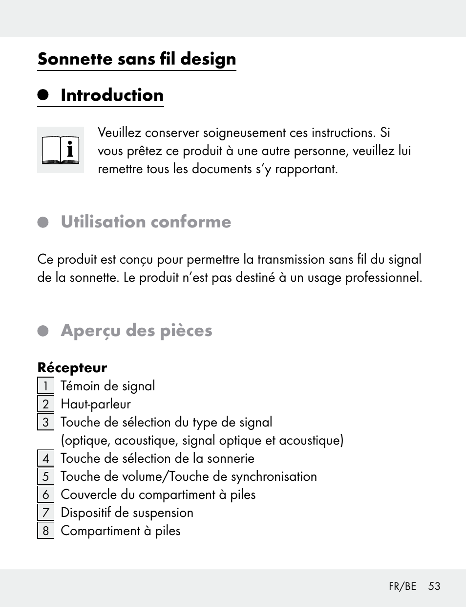Sonnette sans fil design introduction, Utilisation conforme, Aperçu des pièces | Silvercrest 104412-14-01/104412-14-02 User Manual | Page 53 / 97