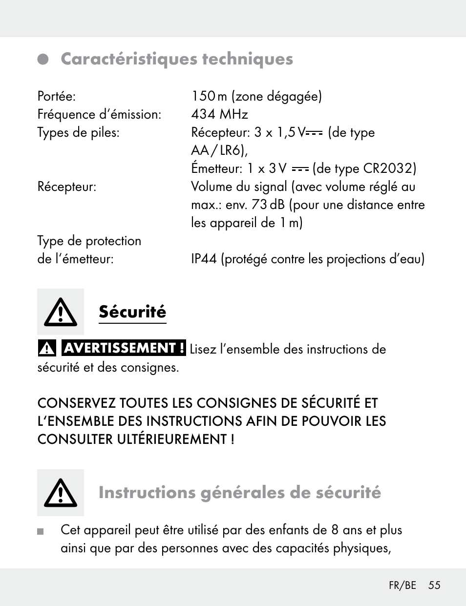 Caractéristiques techniques, Sécurité, Instructions générales de sécurité | Silvercrest 104412-14-01/104412-14-02 User Manual | Page 55 / 97