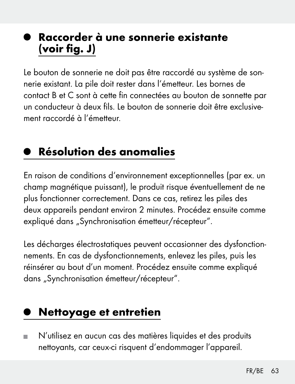 Raccorder à une sonnerie existante (voir fig. j), Résolution des anomalies, Nettoyage et entretien | Silvercrest 104412-14-01/104412-14-02 User Manual | Page 63 / 97