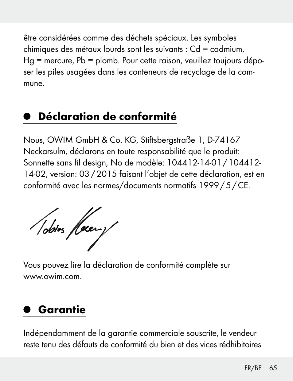 Déclaration de conformité, Garantie | Silvercrest 104412-14-01/104412-14-02 User Manual | Page 65 / 97