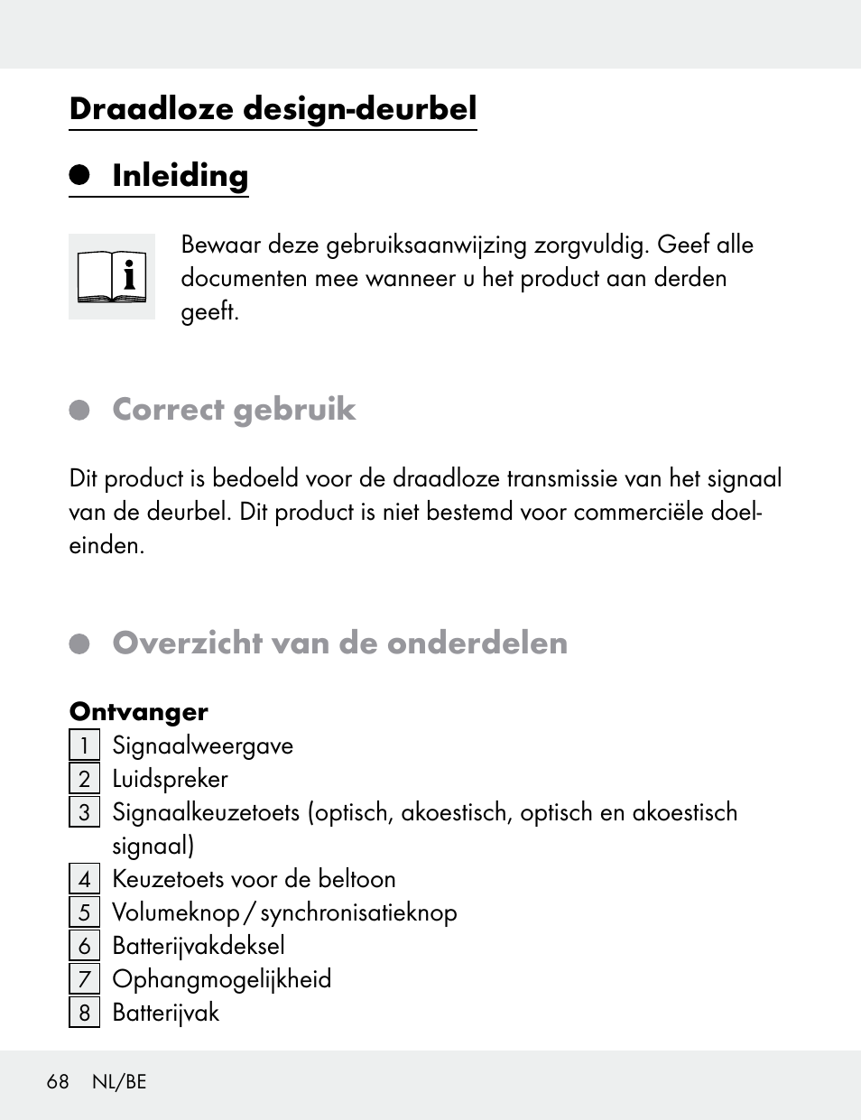 Draadloze design-deurbel inleiding, Correct gebruik, Overzicht van de onderdelen | Silvercrest 104412-14-01/104412-14-02 User Manual | Page 68 / 97