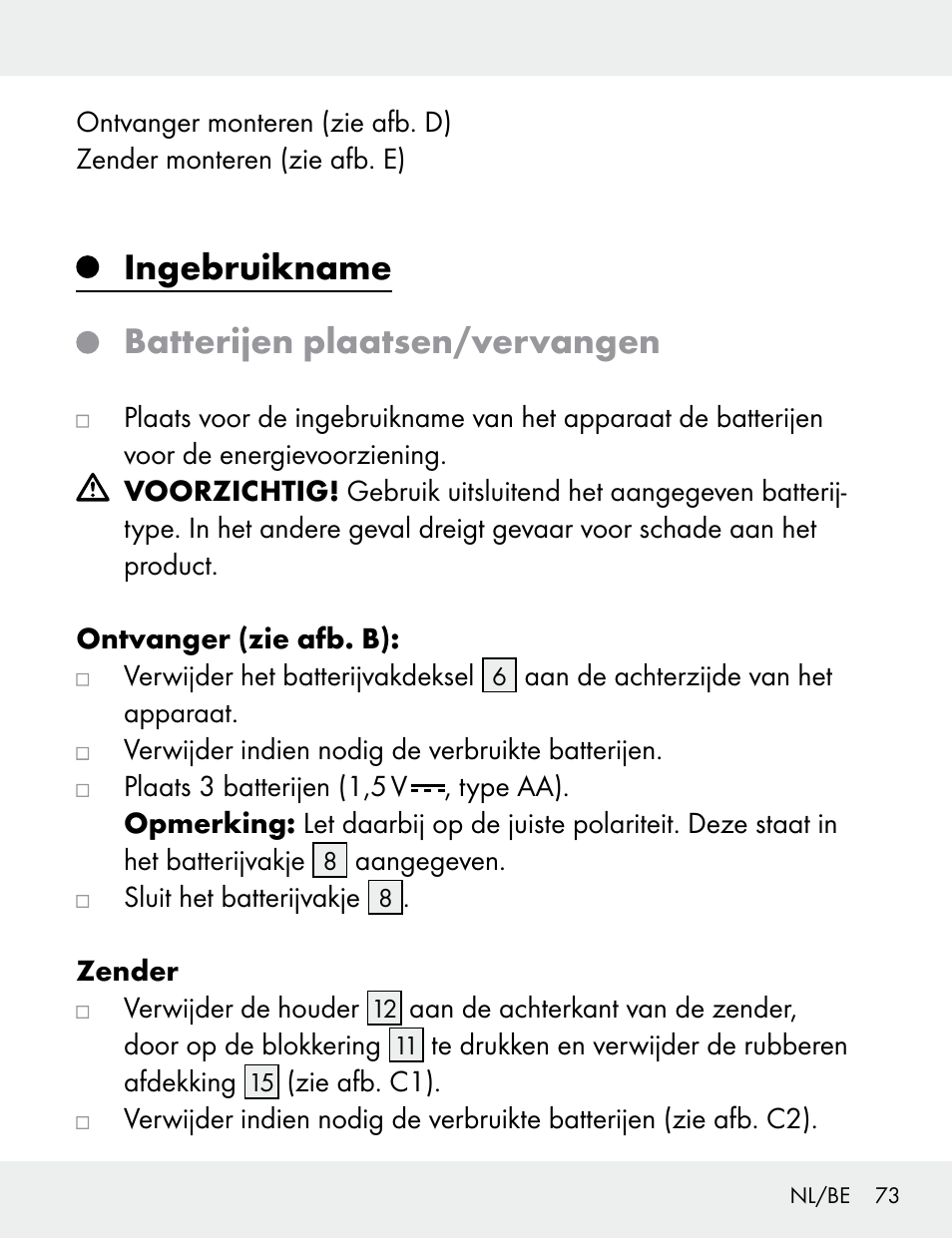 Ingebruikname batterijen plaatsen/vervangen | Silvercrest 104412-14-01/104412-14-02 User Manual | Page 73 / 97