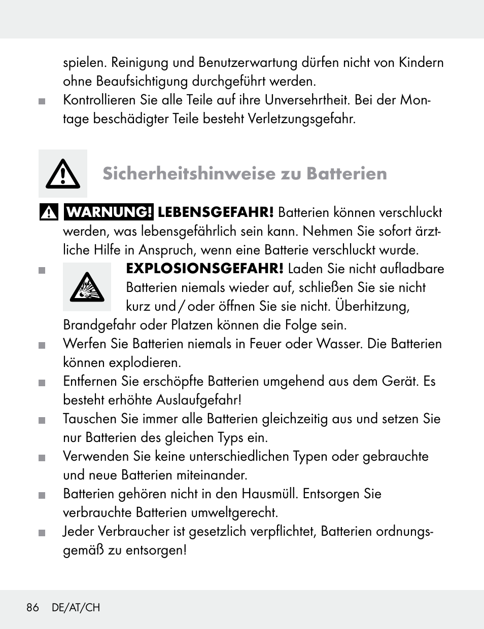 Sicherheitshinweise zu batterien | Silvercrest 104412-14-01/104412-14-02 User Manual | Page 86 / 97