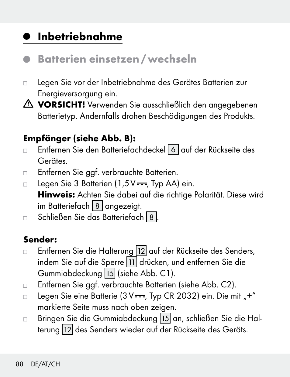 Inbetriebnahme batterien einsetzen / wechseln | Silvercrest 104412-14-01/104412-14-02 User Manual | Page 88 / 97