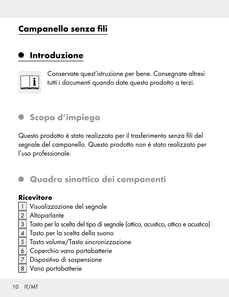 Campanello senza fili, Introduzione, Scopo d’impiego | Quadro sinottico dei componenti | Silvercrest 104412-14-01/104412-14-02 User Manual | Page 10 / 69