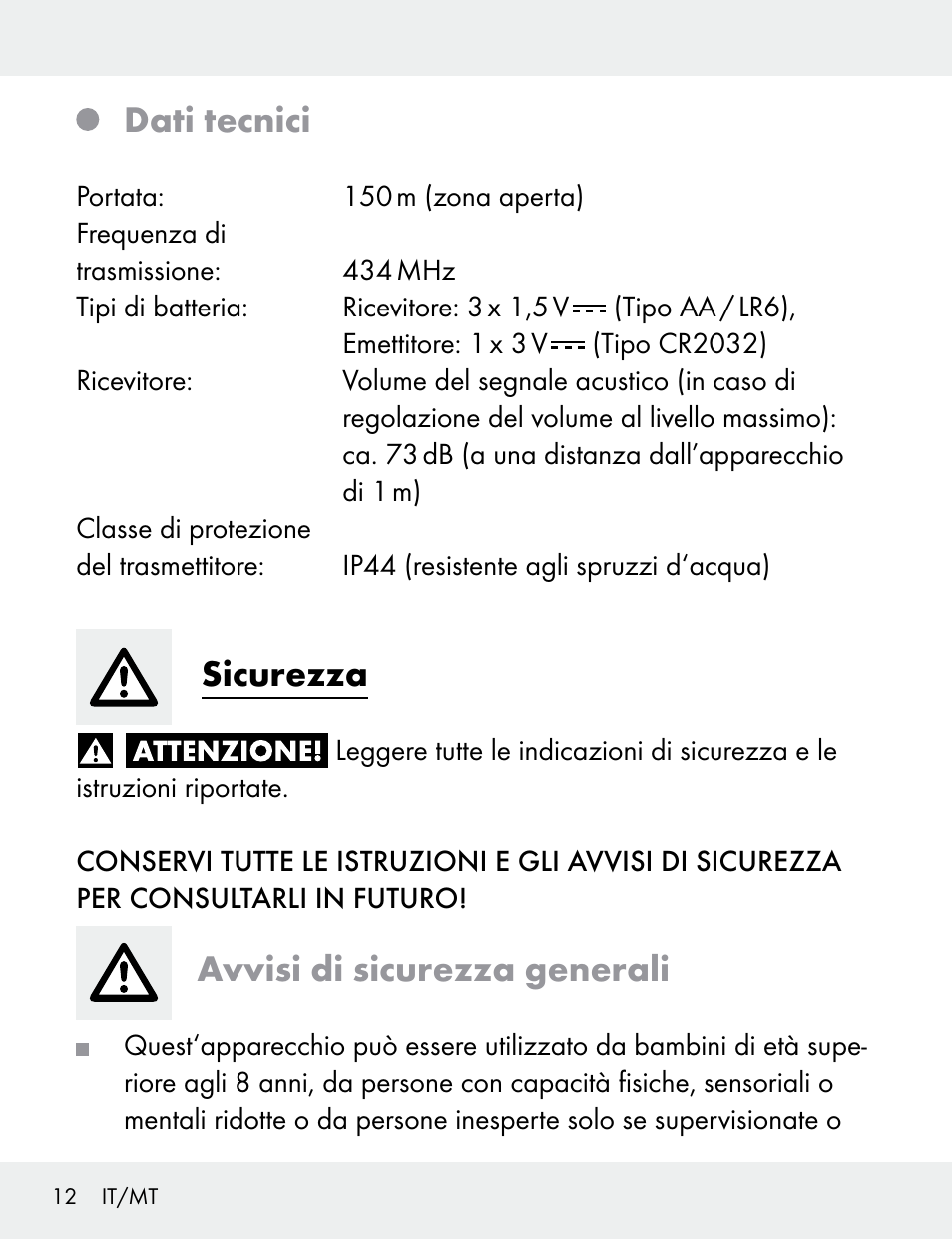 Dati tecnici, Sicurezza, Avvisi di sicurezza generali | Silvercrest 104412-14-01/104412-14-02 User Manual | Page 12 / 69