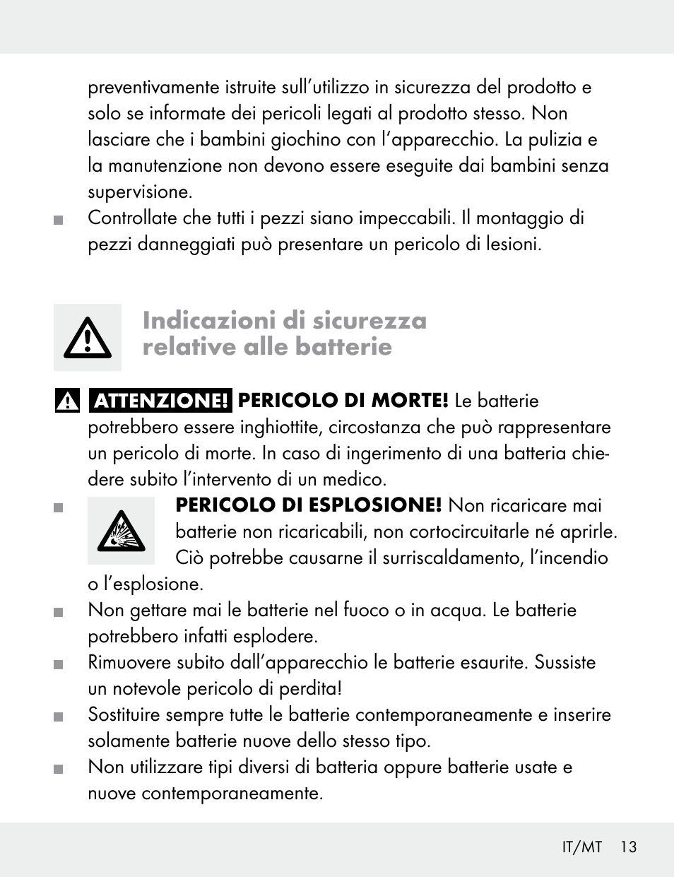 Indicazioni di sicurezza relative alle batterie | Silvercrest 104412-14-01/104412-14-02 User Manual | Page 13 / 69