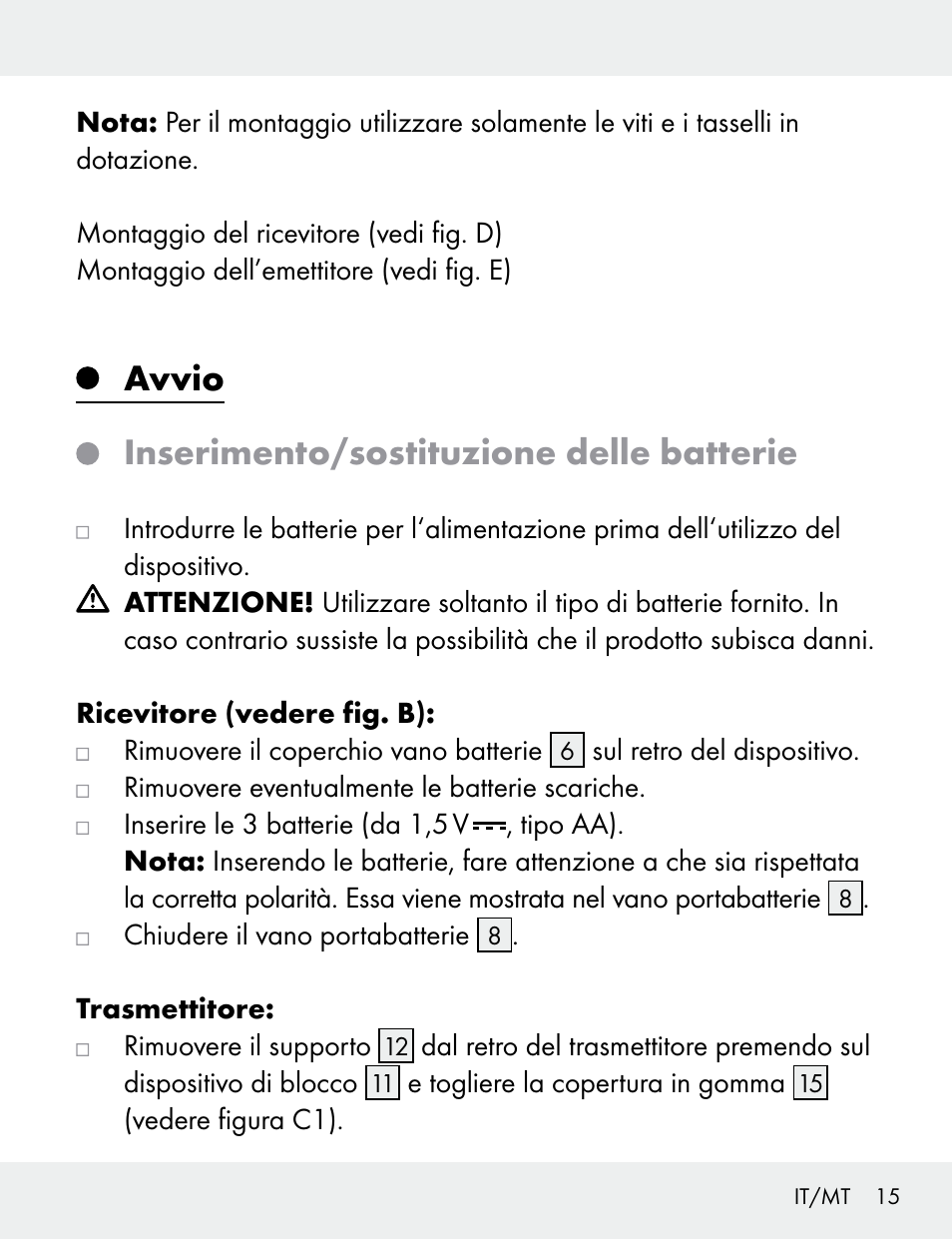 Avvio inserimento/sostituzione delle batterie | Silvercrest 104412-14-01/104412-14-02 User Manual | Page 15 / 69