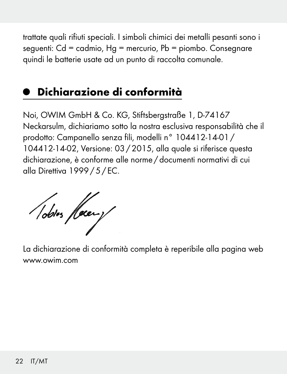 Dichiarazione di conformità | Silvercrest 104412-14-01/104412-14-02 User Manual | Page 22 / 69