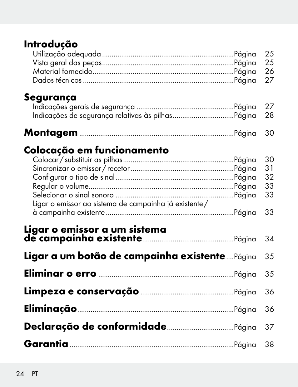 Introdução, Segurança, Montagem | Colocação em funcionamento, Ligar a um botão de campainha existente, Eliminar o erro, Limpeza e conservação, Eliminação, Declaração de conformidade, Garantia | Silvercrest 104412-14-01/104412-14-02 User Manual | Page 24 / 69