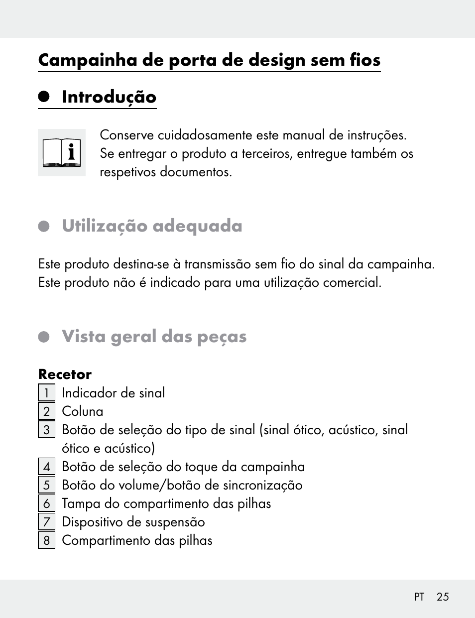 Campainha de porta de design sem fios introdução, Utilização adequada, Vista geral das peças | Silvercrest 104412-14-01/104412-14-02 User Manual | Page 25 / 69