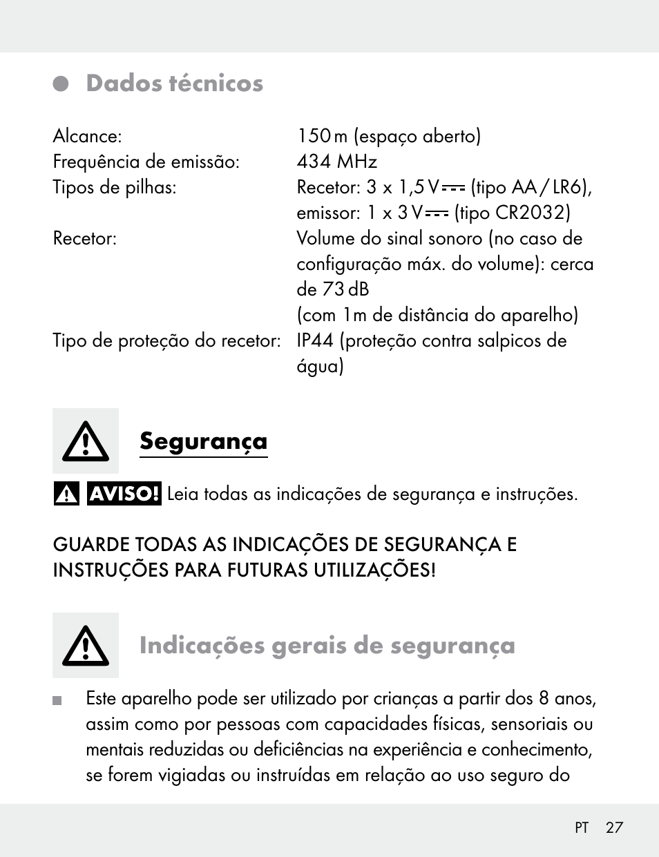 Dados técnicos, Segurança, Indicações gerais de segurança | Silvercrest 104412-14-01/104412-14-02 User Manual | Page 27 / 69