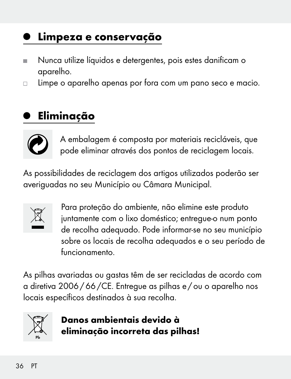 Limpeza e conservação, Eliminação | Silvercrest 104412-14-01/104412-14-02 User Manual | Page 36 / 69