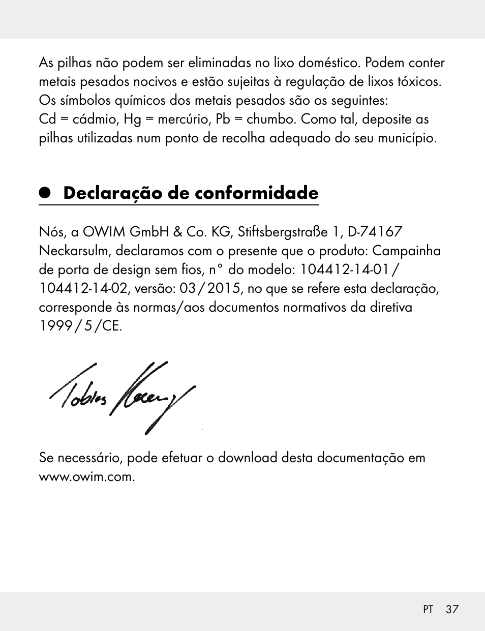 Declaração de conformidade | Silvercrest 104412-14-01/104412-14-02 User Manual | Page 37 / 69