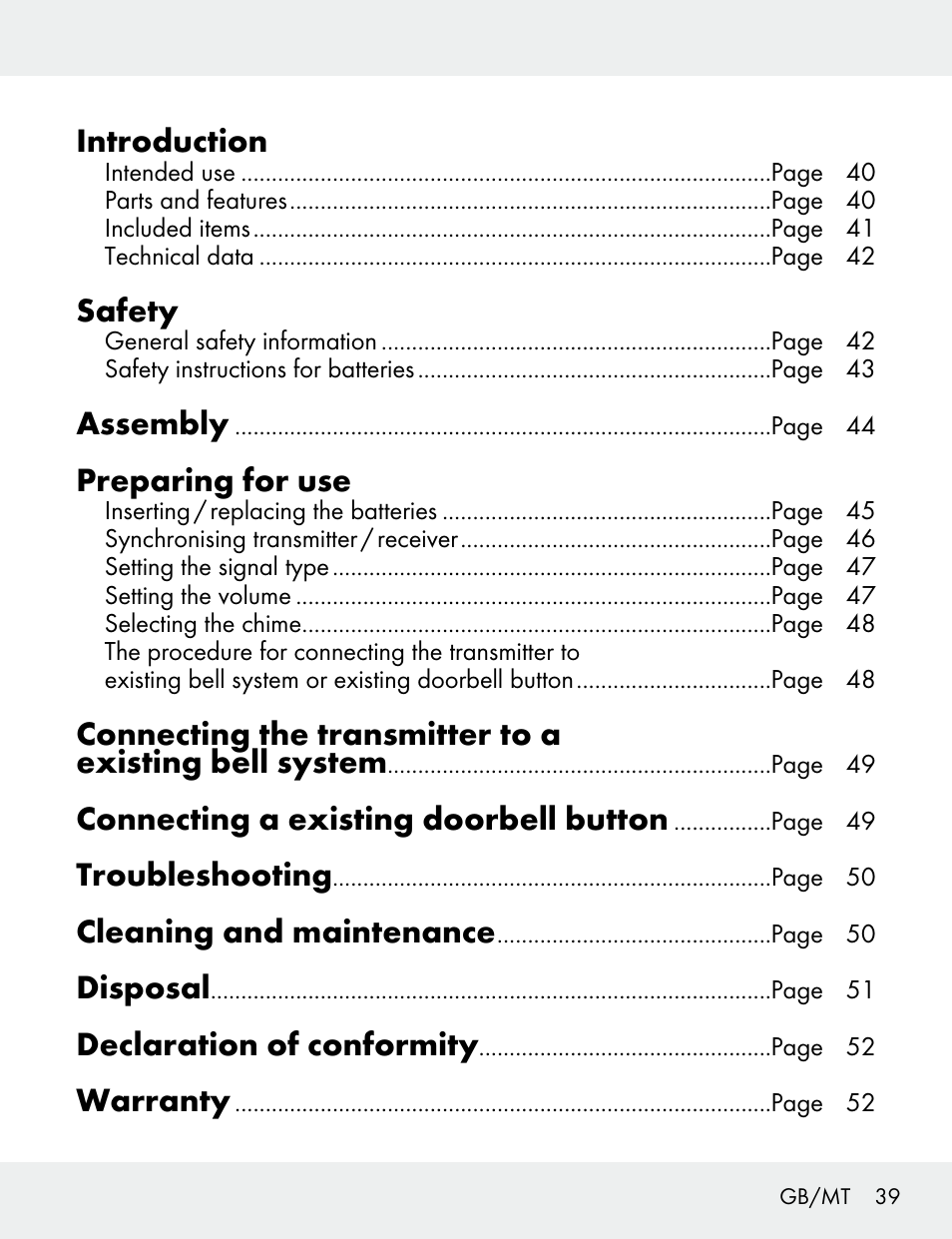 Introduction, Safety, Assembly | Preparing for use, Connecting a existing doorbell button, Troubleshooting, Cleaning and maintenance, Disposal, Declaration of conformity, Warranty | Silvercrest 104412-14-01/104412-14-02 User Manual | Page 39 / 69