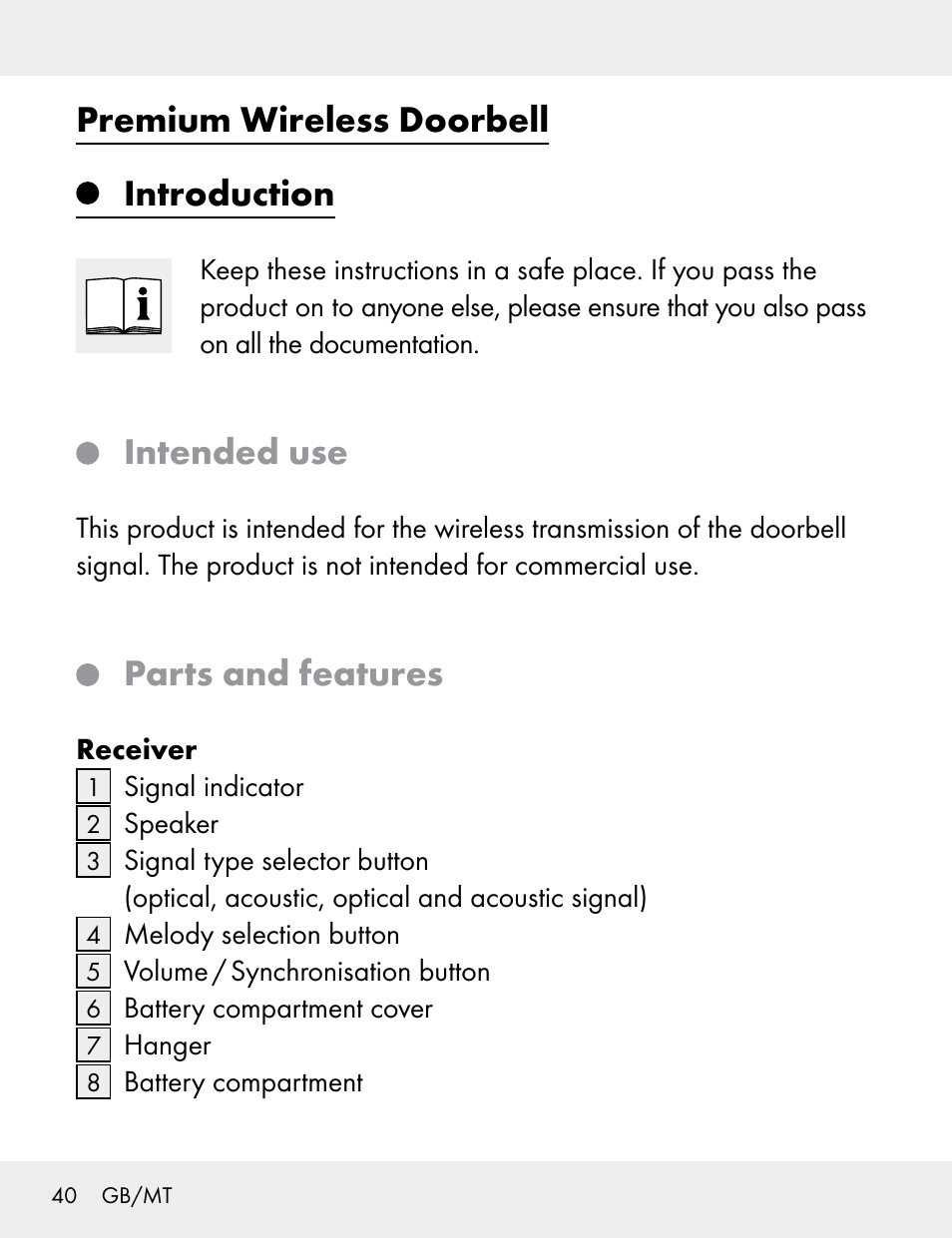 Premium wireless doorbell introduction, Intended use, Parts and features | Silvercrest 104412-14-01/104412-14-02 User Manual | Page 40 / 69