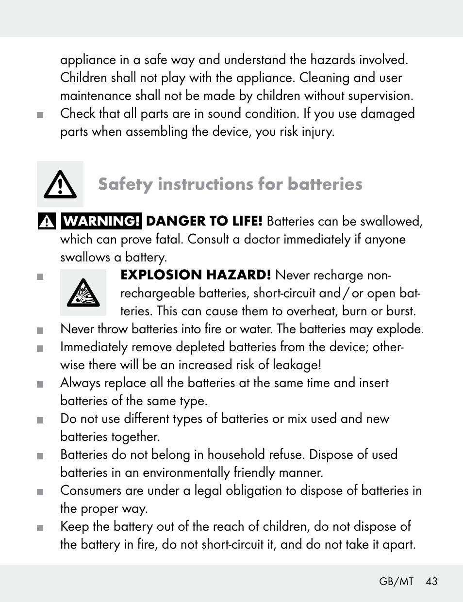 Safety instructions for batteries | Silvercrest 104412-14-01/104412-14-02 User Manual | Page 43 / 69