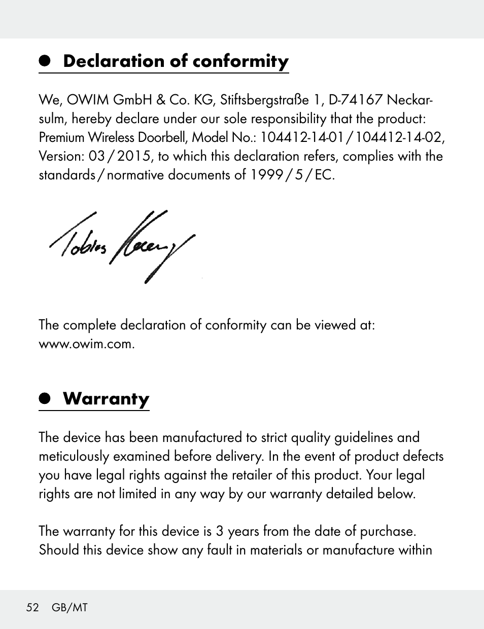 Declaration of conformity, Warranty | Silvercrest 104412-14-01/104412-14-02 User Manual | Page 52 / 69