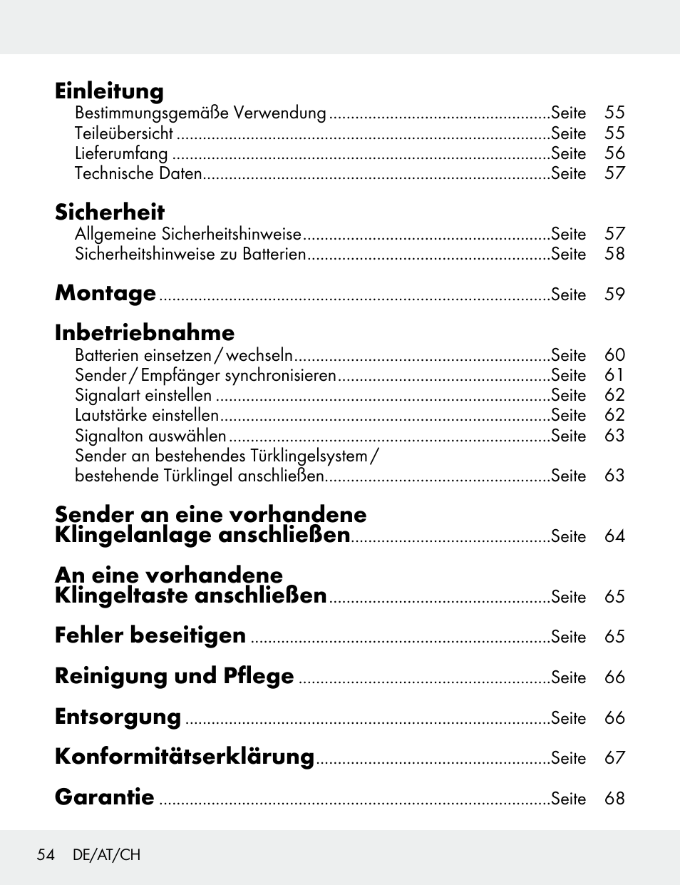 Einleitung, Sicherheit, Montage | Inbetriebnahme, An eine vorhandene klingeltaste anschließen, Fehler beseitigen, Reinigung und pflege, Entsorgung, Konformitätserklärung, Garantie | Silvercrest 104412-14-01/104412-14-02 User Manual | Page 54 / 69