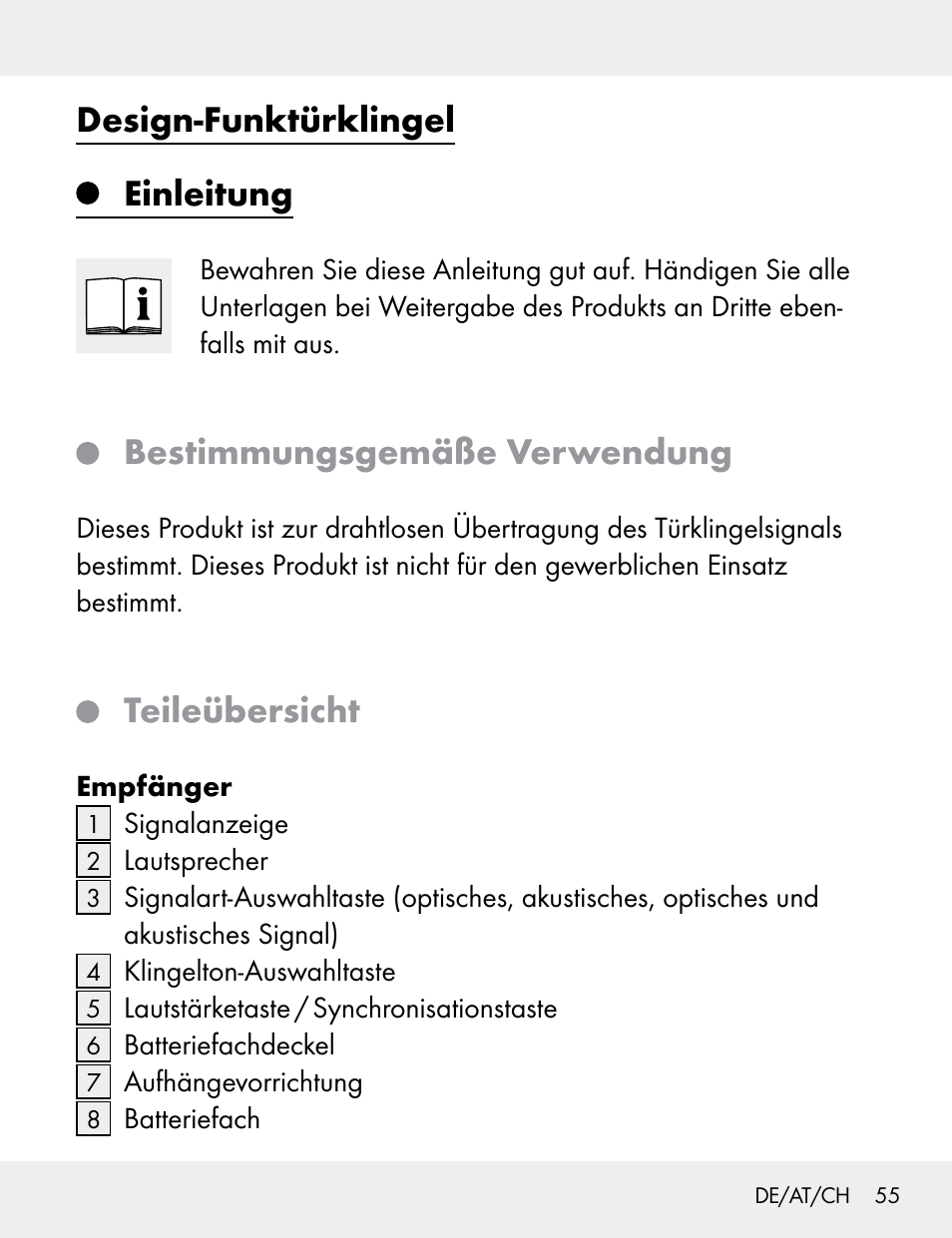 Design-funktürklingel einleitung, Bestimmungsgemäße verwendung, Teileübersicht | Silvercrest 104412-14-01/104412-14-02 User Manual | Page 55 / 69
