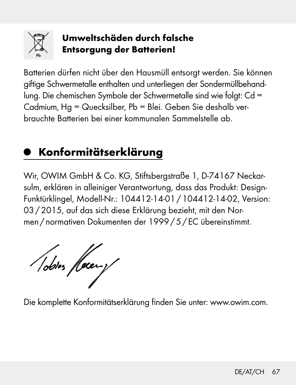 Konformitätserklärung | Silvercrest 104412-14-01/104412-14-02 User Manual | Page 67 / 69