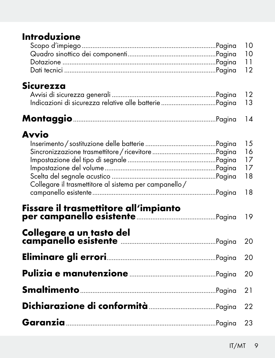 Introduzione, Sicurezza, Montaggio | Avvio, Collegare a un tasto del campanello esistente, Eliminare gli errori, Pulizia e manutenzione, Smaltimento, Dichiarazione di conformità, Garanzia | Silvercrest 104412-14-01/104412-14-02 User Manual | Page 9 / 69