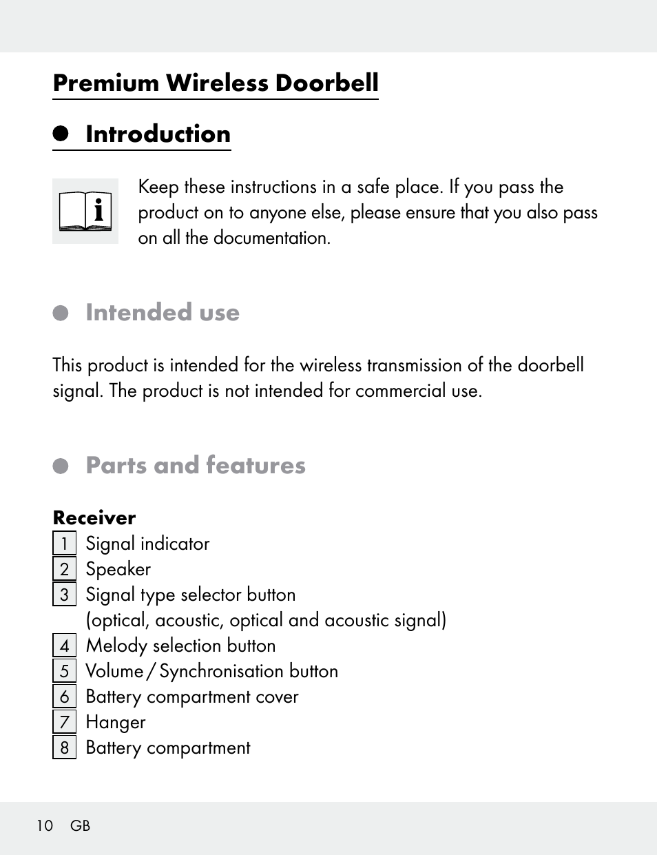 Premium wireless doorbell introduction, Intended use, Parts and features | Silvercrest 104412-14-01/104412-14-02 User Manual | Page 10 / 99