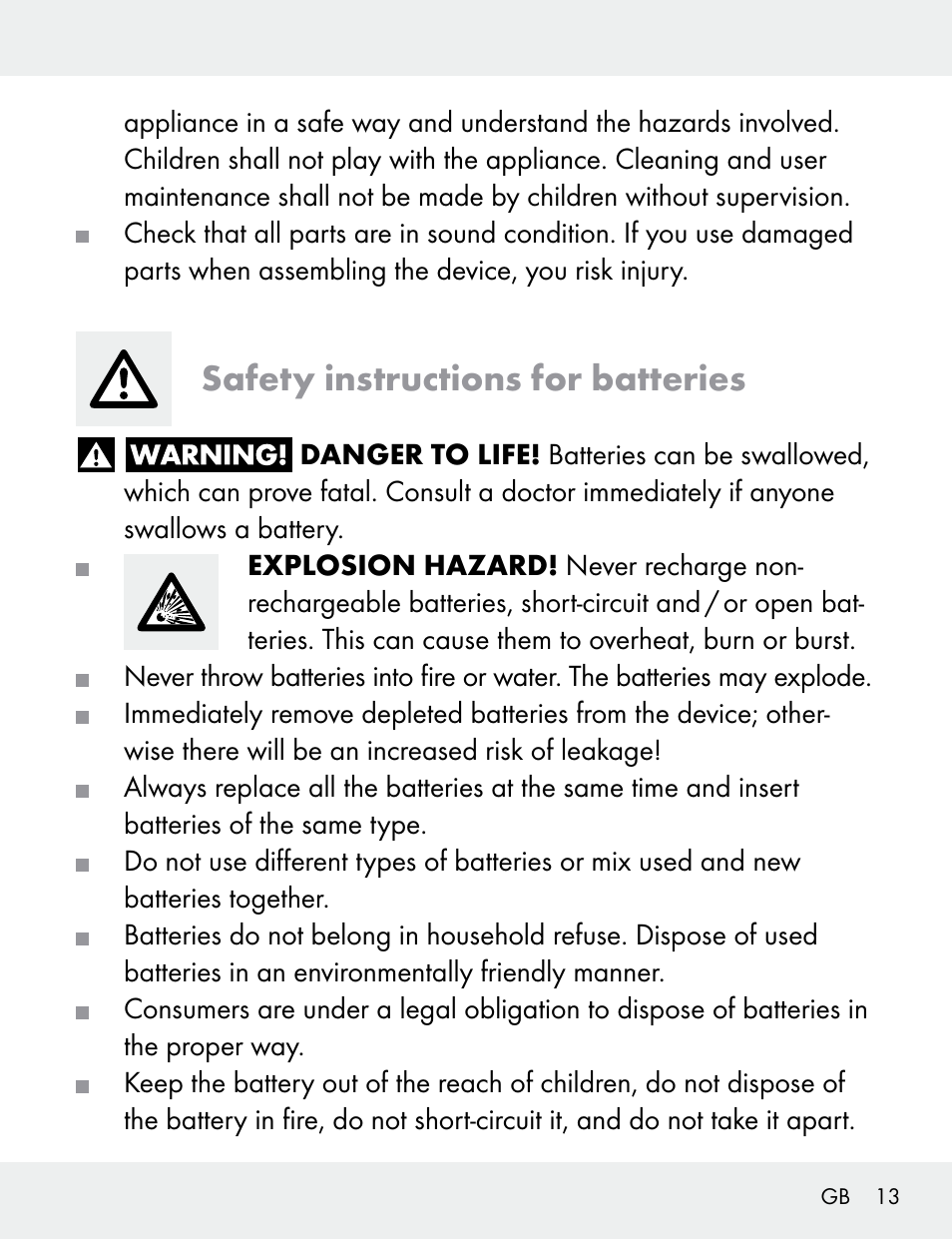 Safety instructions for batteries | Silvercrest 104412-14-01/104412-14-02 User Manual | Page 13 / 99