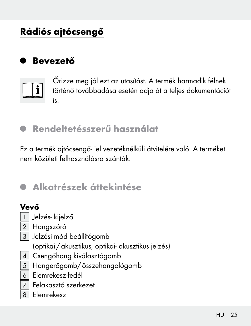 Rádiós ajtócsengő, Bevezető, Rendeltetésszerű használat | Alkatrészek áttekintése | Silvercrest 104412-14-01/104412-14-02 User Manual | Page 25 / 99