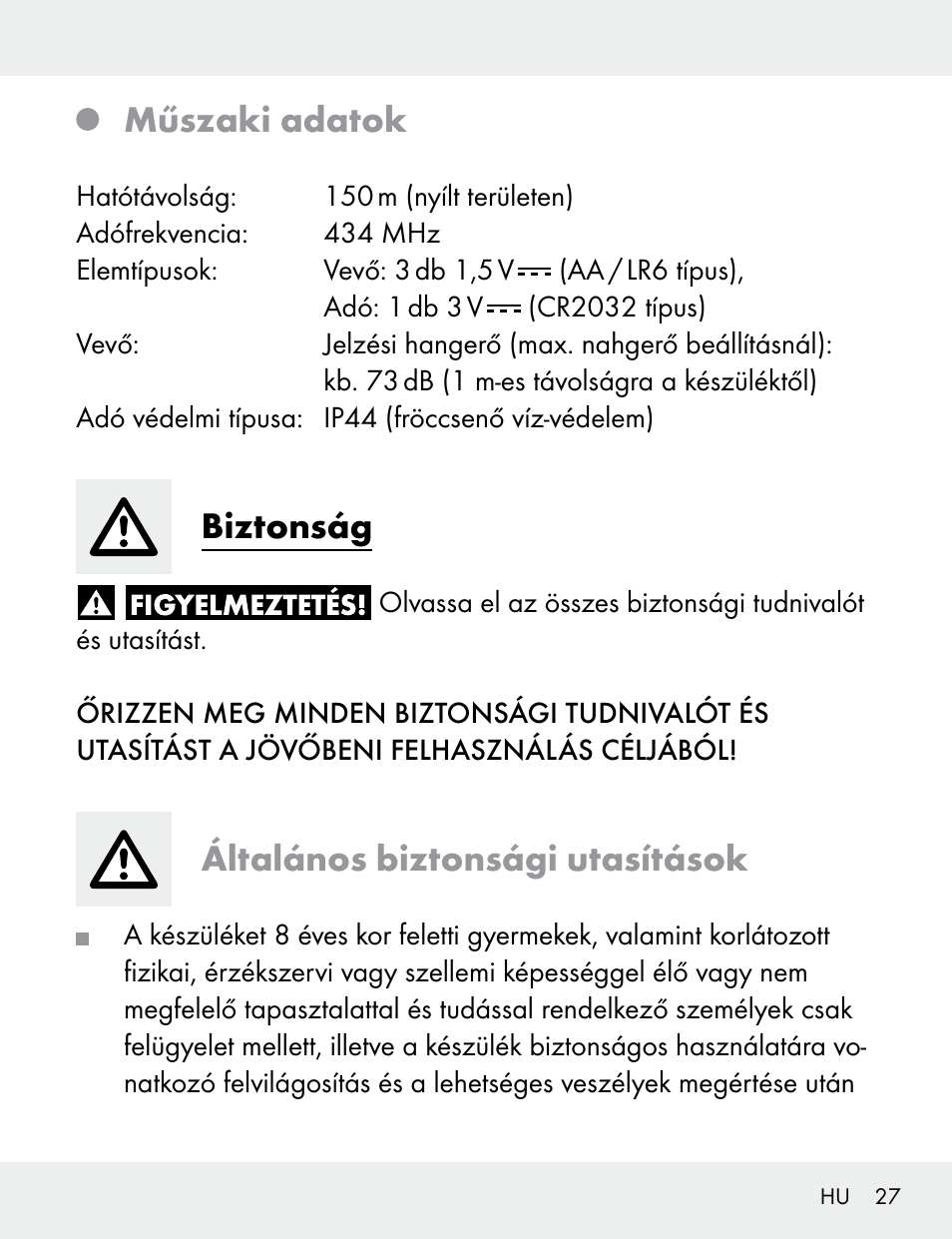 Műszaki adatok, Biztonság, Általános biztonsági utasítások | Silvercrest 104412-14-01/104412-14-02 User Manual | Page 27 / 99