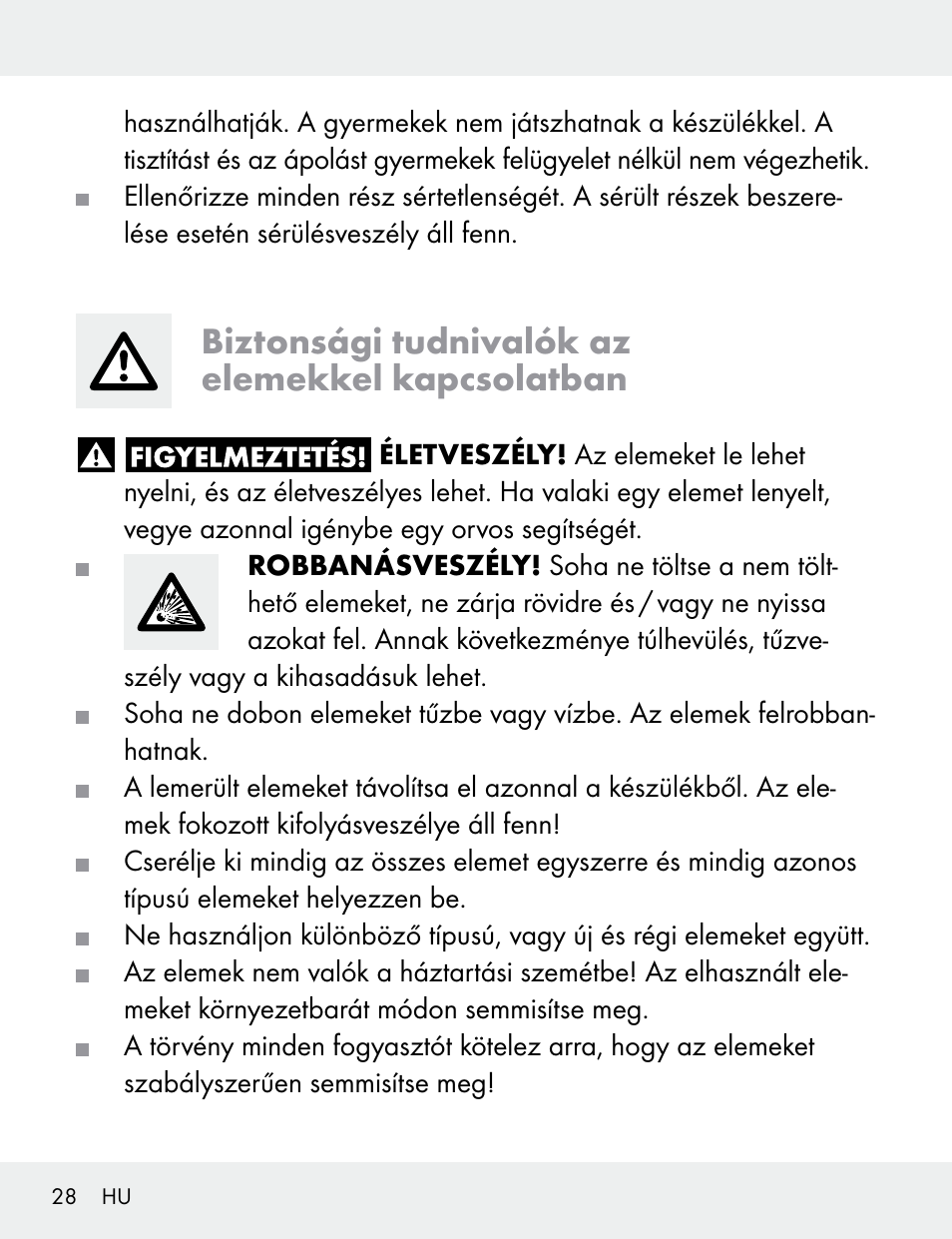 Biztonsági tudnivalók az elemekkel kapcsolatban | Silvercrest 104412-14-01/104412-14-02 User Manual | Page 28 / 99