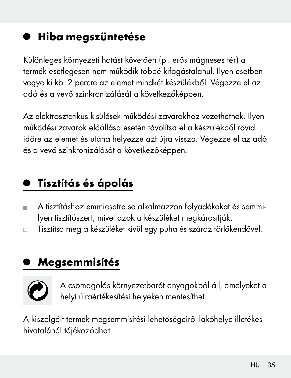 Hiba megszüntetése, Tisztítás és ápolás, Megsemmisítés | Silvercrest 104412-14-01/104412-14-02 User Manual | Page 35 / 99