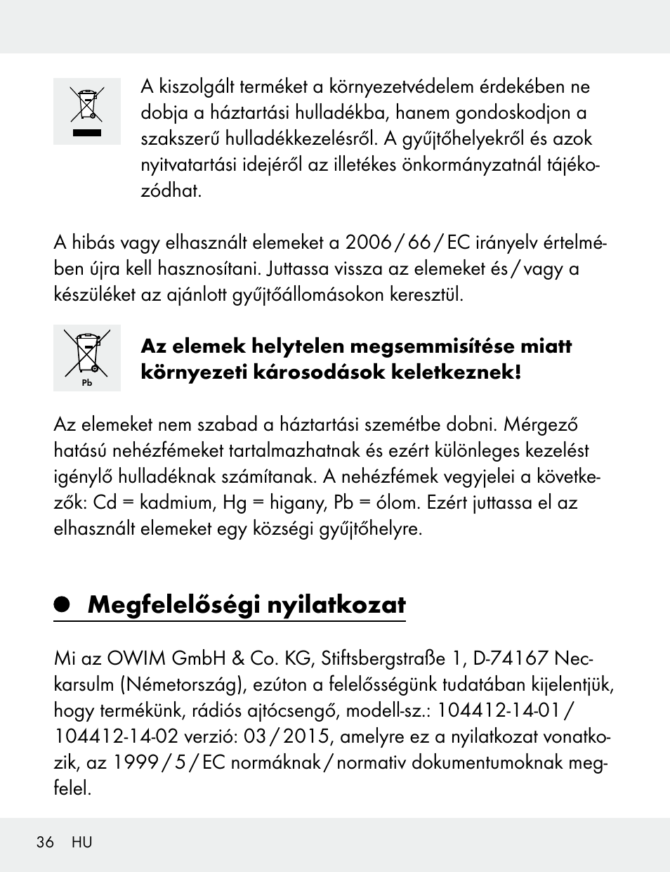 Megfelelőségi nyilatkozat | Silvercrest 104412-14-01/104412-14-02 User Manual | Page 36 / 99