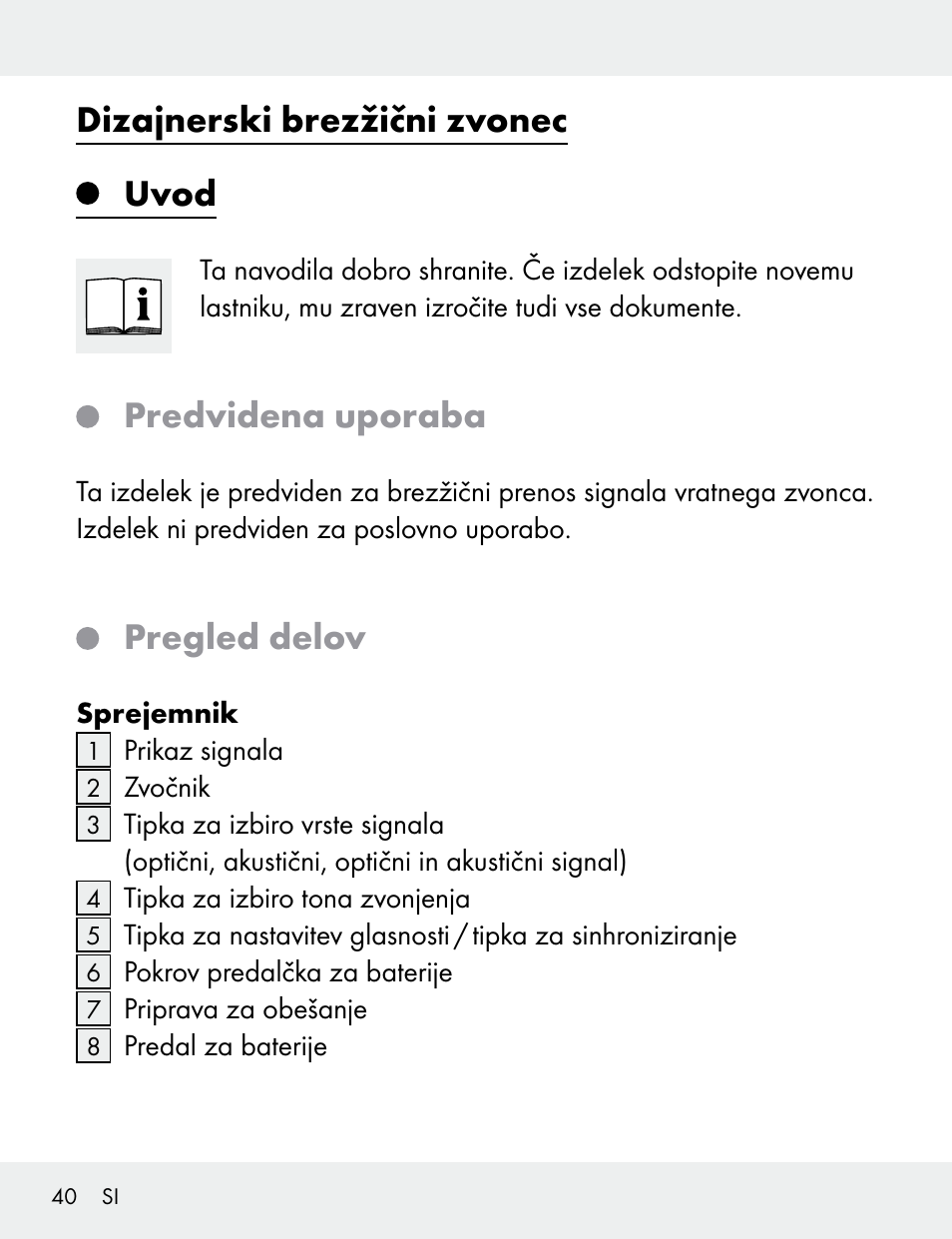 Dizajnerski brezžični zvonec uvod, Predvidena uporaba, Pregled delov | Silvercrest 104412-14-01/104412-14-02 User Manual | Page 40 / 99