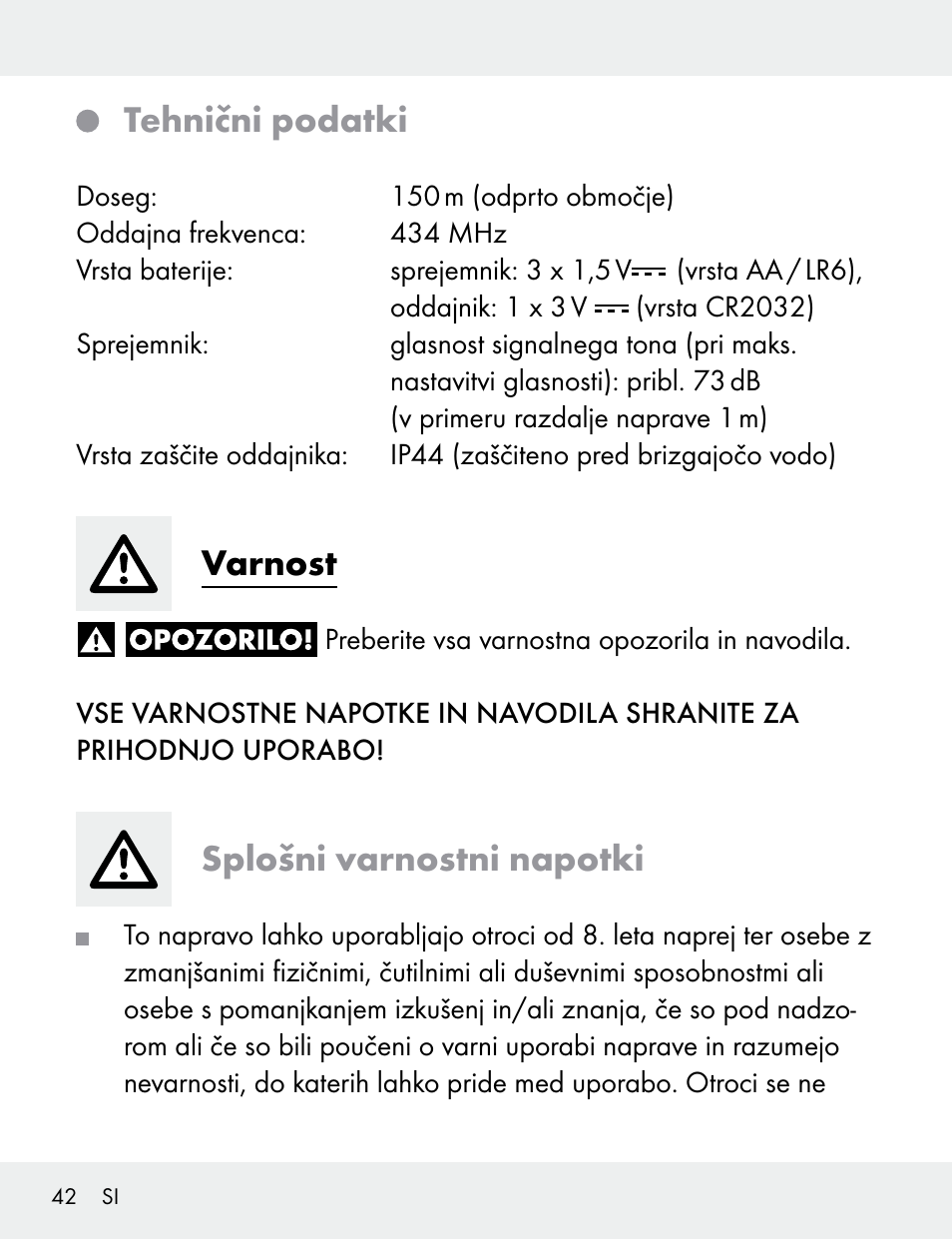 Tehnični podatki, Varnost, Splošni varnostni napotki | Silvercrest 104412-14-01/104412-14-02 User Manual | Page 42 / 99