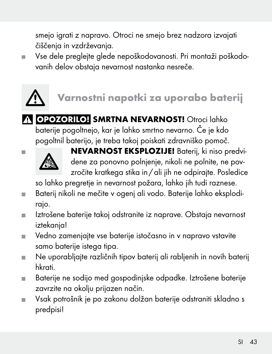 Varnostni napotki za uporabo baterij | Silvercrest 104412-14-01/104412-14-02 User Manual | Page 43 / 99