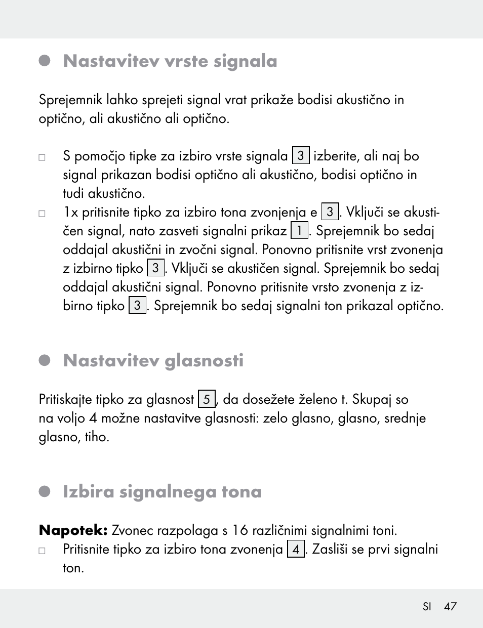 Nastavitev vrste signala, Nastavitev glasnosti, Izbira signalnega tona | Silvercrest 104412-14-01/104412-14-02 User Manual | Page 47 / 99