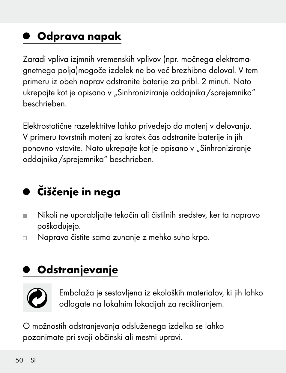Odprava napak, Čiščenje in nega, Odstranjevanje | Silvercrest 104412-14-01/104412-14-02 User Manual | Page 50 / 99