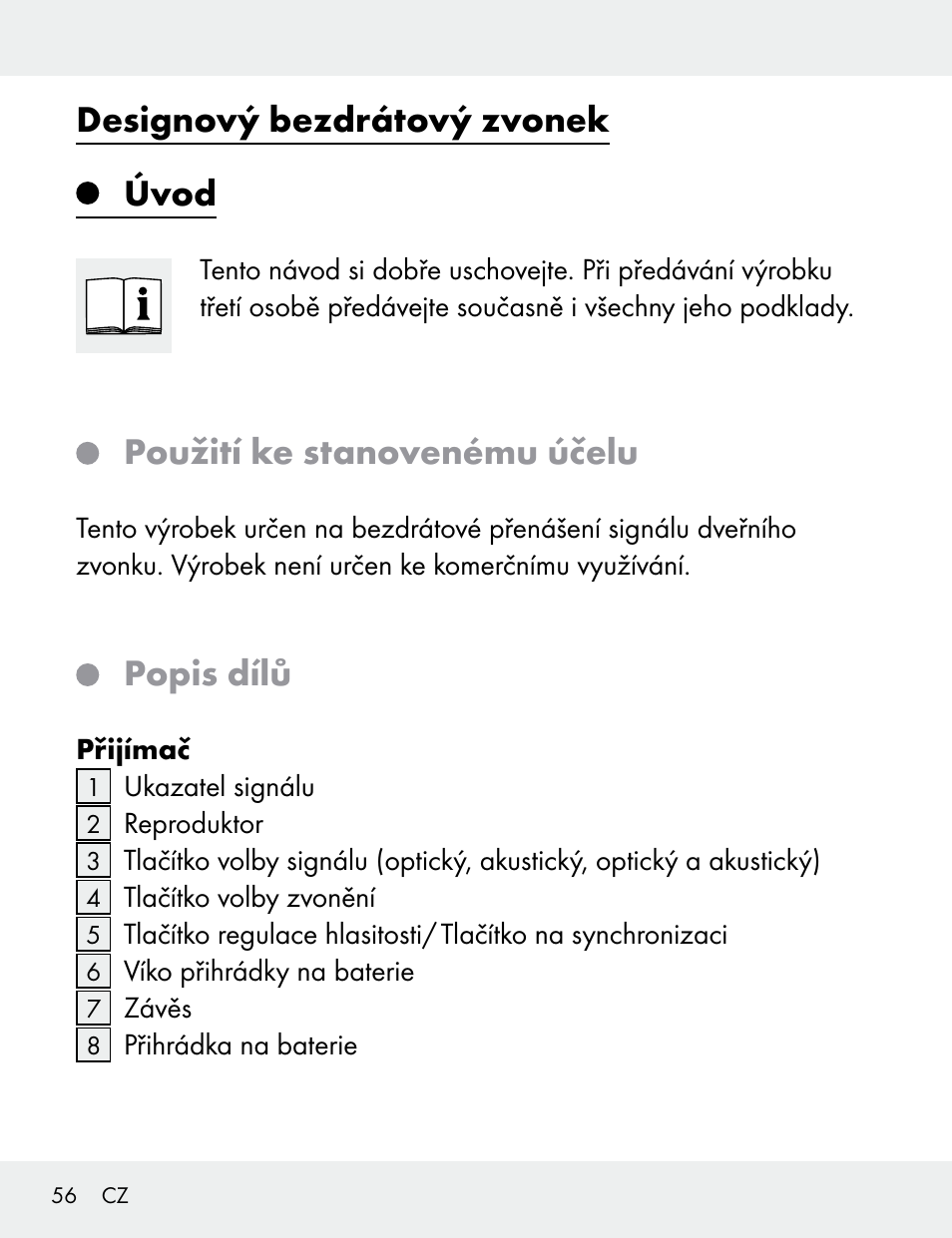 Designový bezdrátový zvonek úvod, Použití ke stanovenému účelu, Popis dílů | Silvercrest 104412-14-01/104412-14-02 User Manual | Page 56 / 99