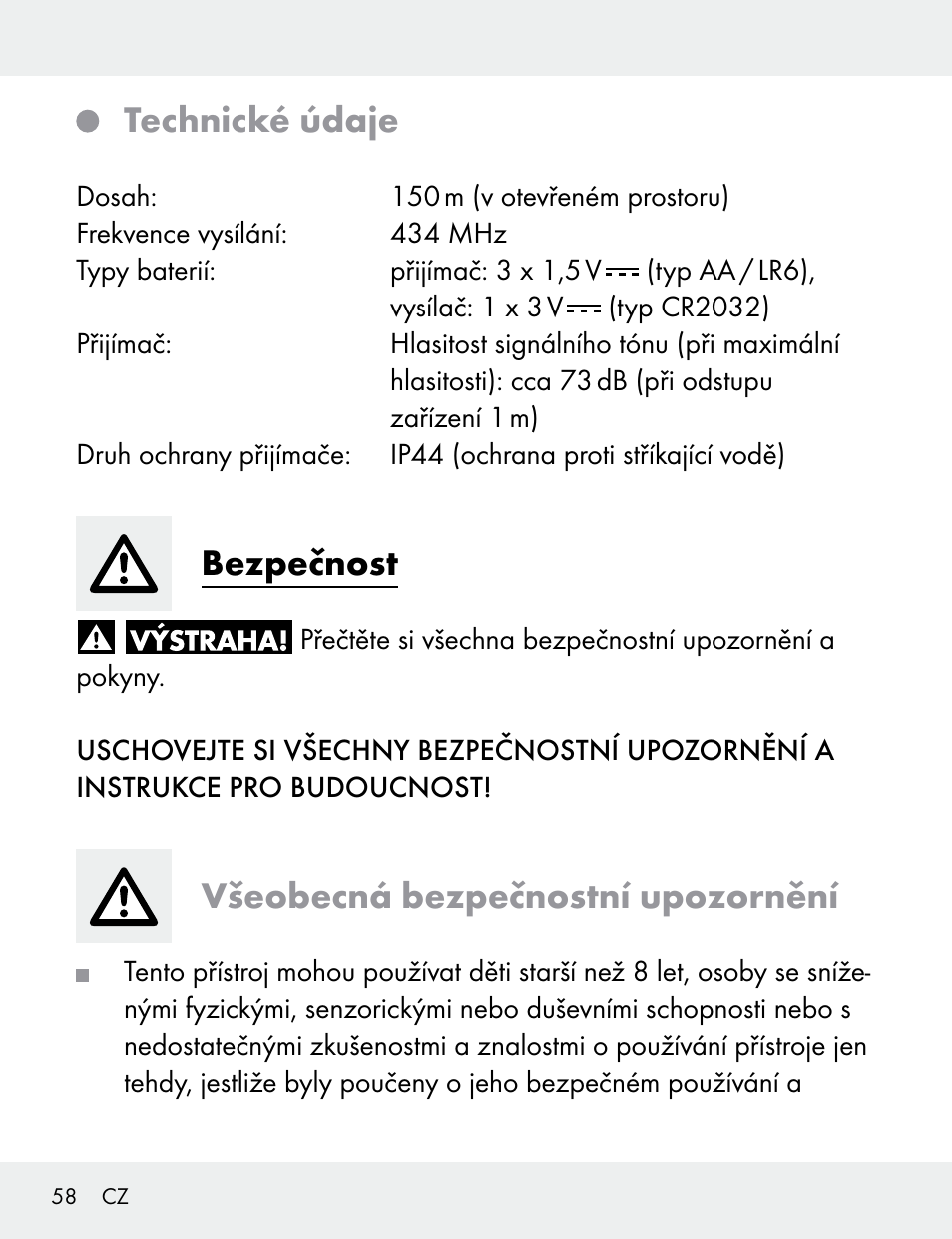 Technické údaje, Bezpečnost, Všeobecná bezpečnostní upozornění | Silvercrest 104412-14-01/104412-14-02 User Manual | Page 58 / 99