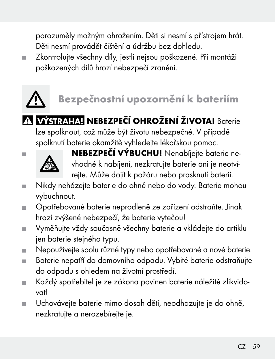 Bezpečnostní upozornění k bateriím | Silvercrest 104412-14-01/104412-14-02 User Manual | Page 59 / 99