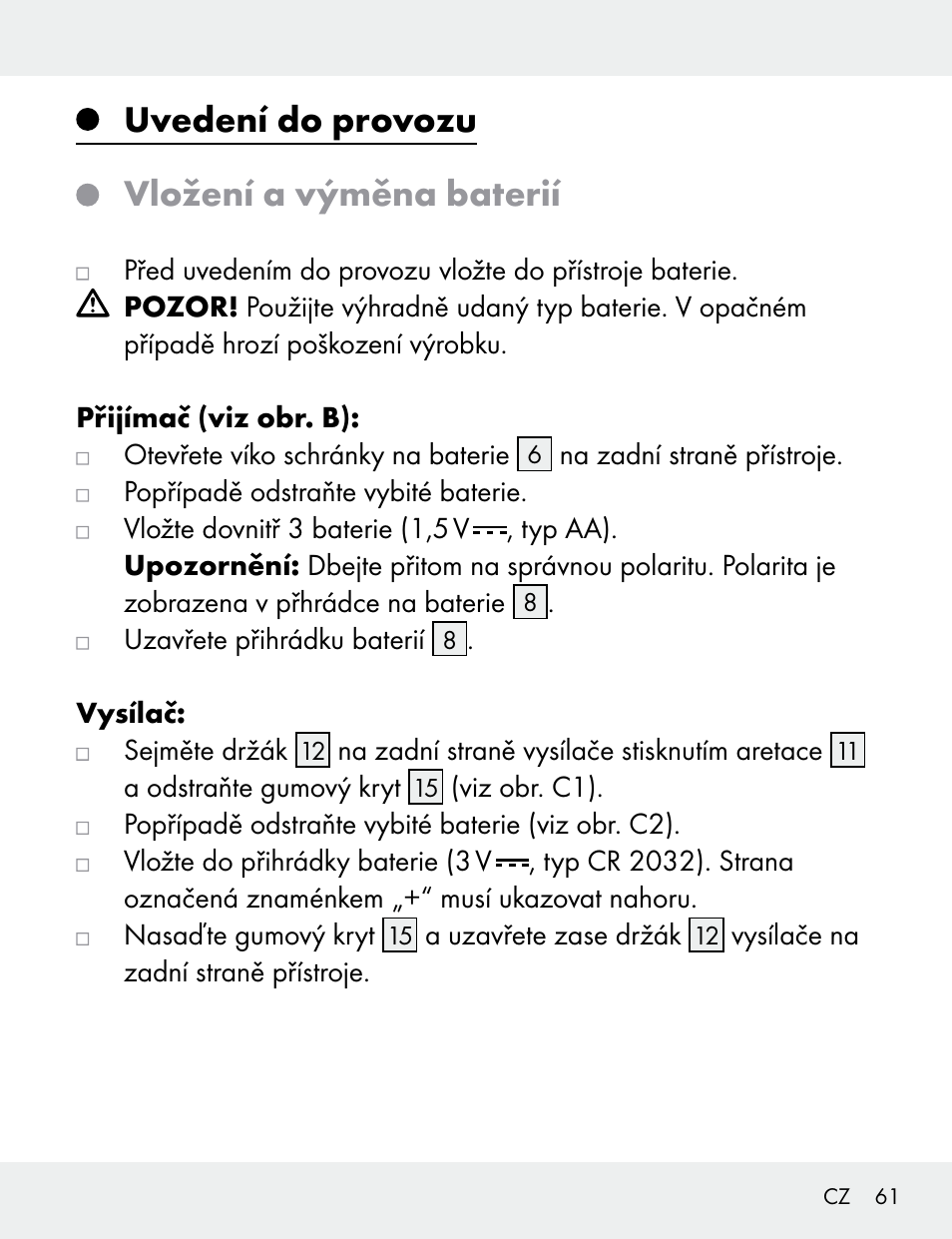 Uvedení do provozu vložení a výměna baterií | Silvercrest 104412-14-01/104412-14-02 User Manual | Page 61 / 99