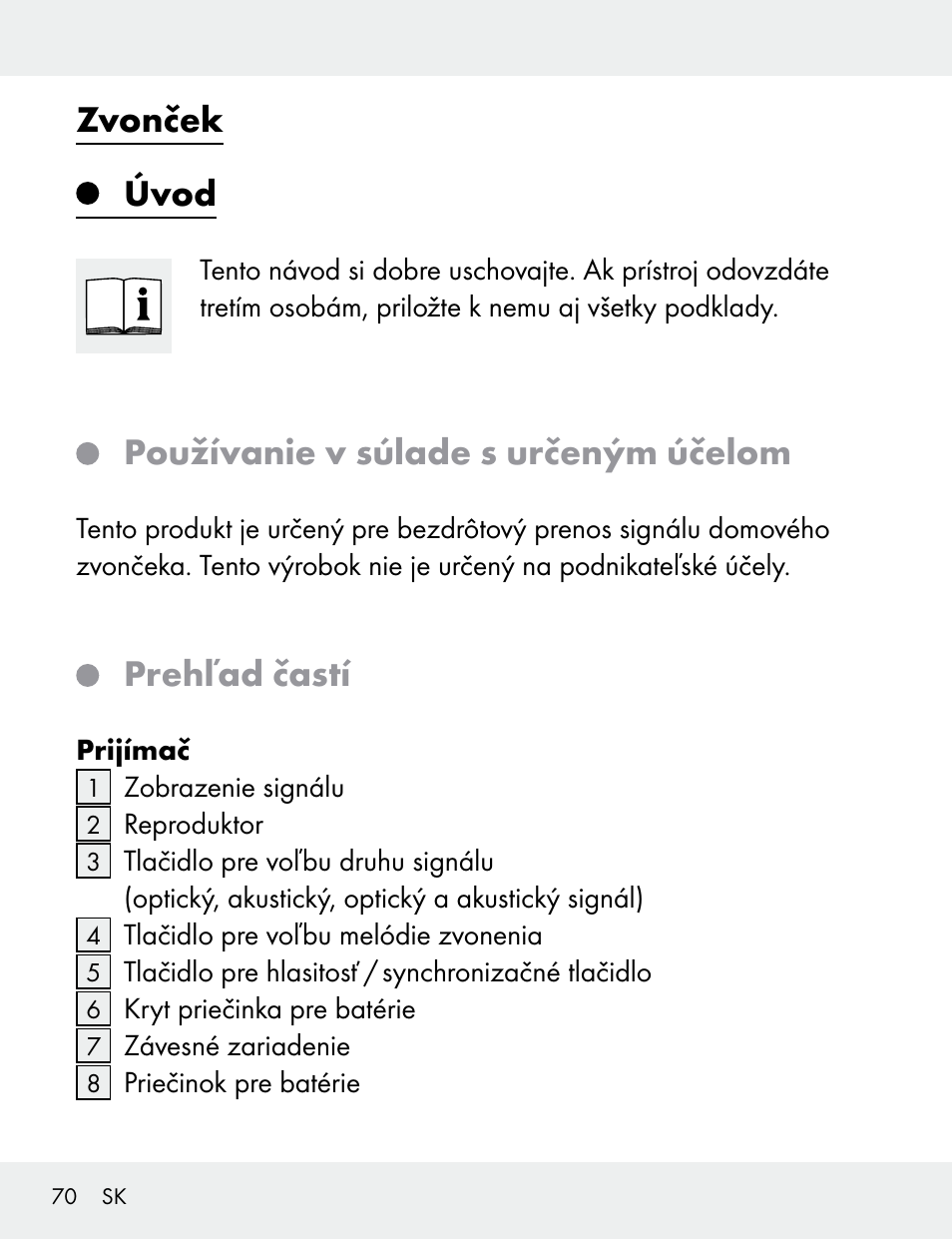 Zvonček úvod, Používanie v súlade s určeným účelom, Prehľad častí | Silvercrest 104412-14-01/104412-14-02 User Manual | Page 70 / 99