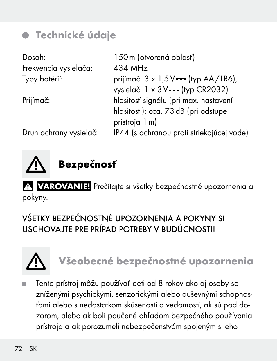 Technické údaje, Bezpečnosť, Všeobecné bezpečnostné upozornenia | Silvercrest 104412-14-01/104412-14-02 User Manual | Page 72 / 99