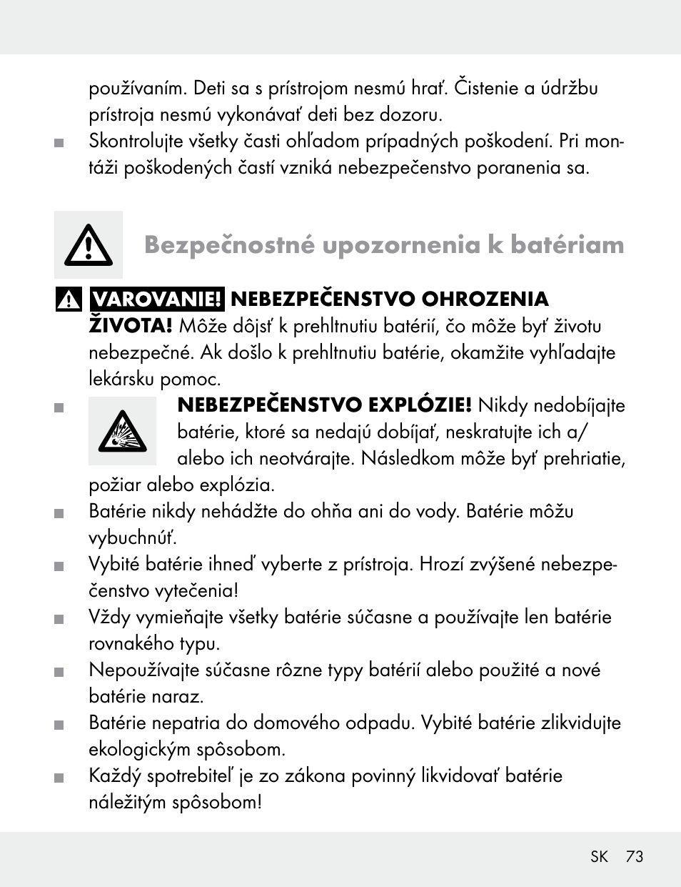 Bezpečnostné upozornenia k batériam | Silvercrest 104412-14-01/104412-14-02 User Manual | Page 73 / 99