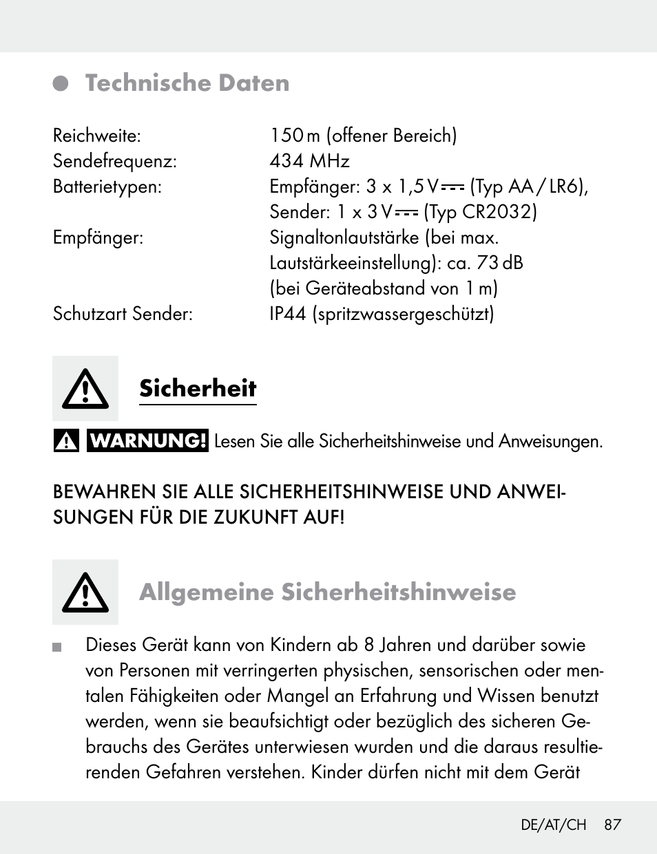 Technische daten, Sicherheit, Allgemeine sicherheitshinweise | Silvercrest 104412-14-01/104412-14-02 User Manual | Page 87 / 99